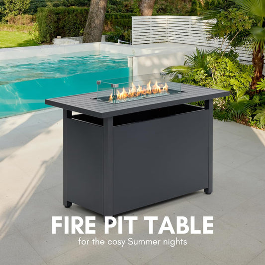 Mesa de Fuego Exterior con Piedras Volcánicas, Protector de Vidrio y Cubierta, Gris