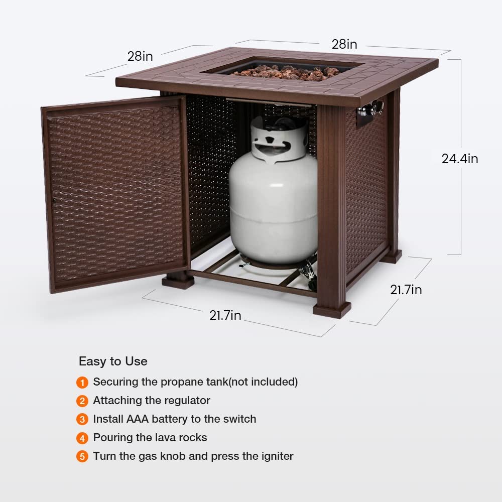 Mesa de Fuego Exterior a Gas Propano 28", 50000 BTU, Cuadrada, con Tapa y Cristales Azules