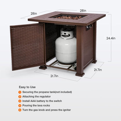 Mesa de Fuego Exterior a Gas Propano 28", 50000 BTU, Cuadrada, con Tapa y Cristales Azules