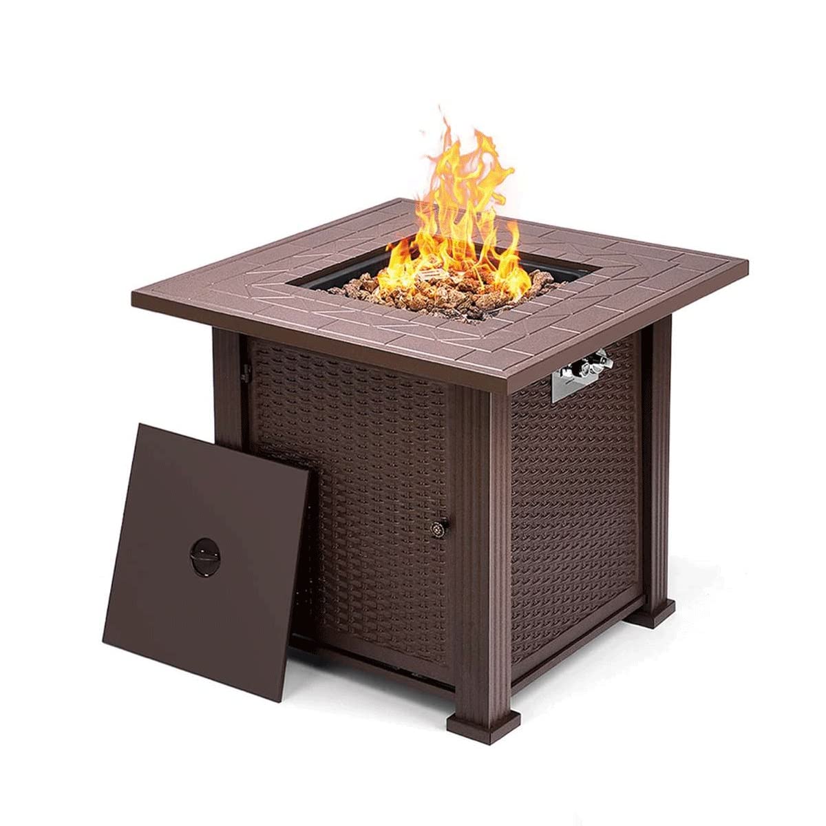 Mesa de Fuego Exterior a Gas Propano 28", 50000 BTU, Cuadrada, con Tapa y Cristales Azules