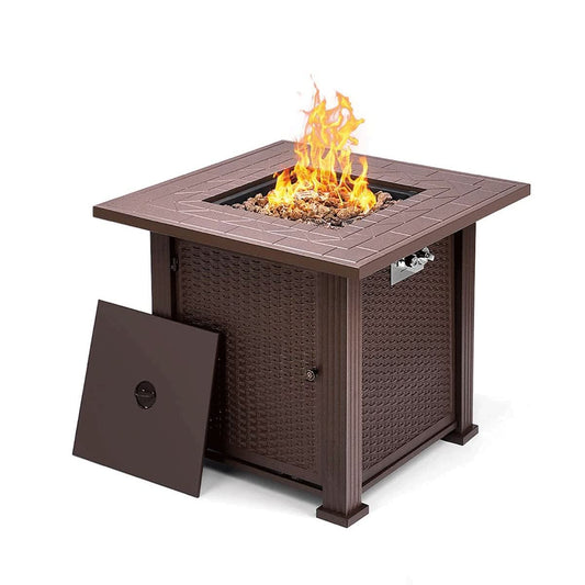 Mesa de Fuego Exterior a Gas Propano 28", 50000 BTU, Cuadrada, con Tapa y Cristales Azules