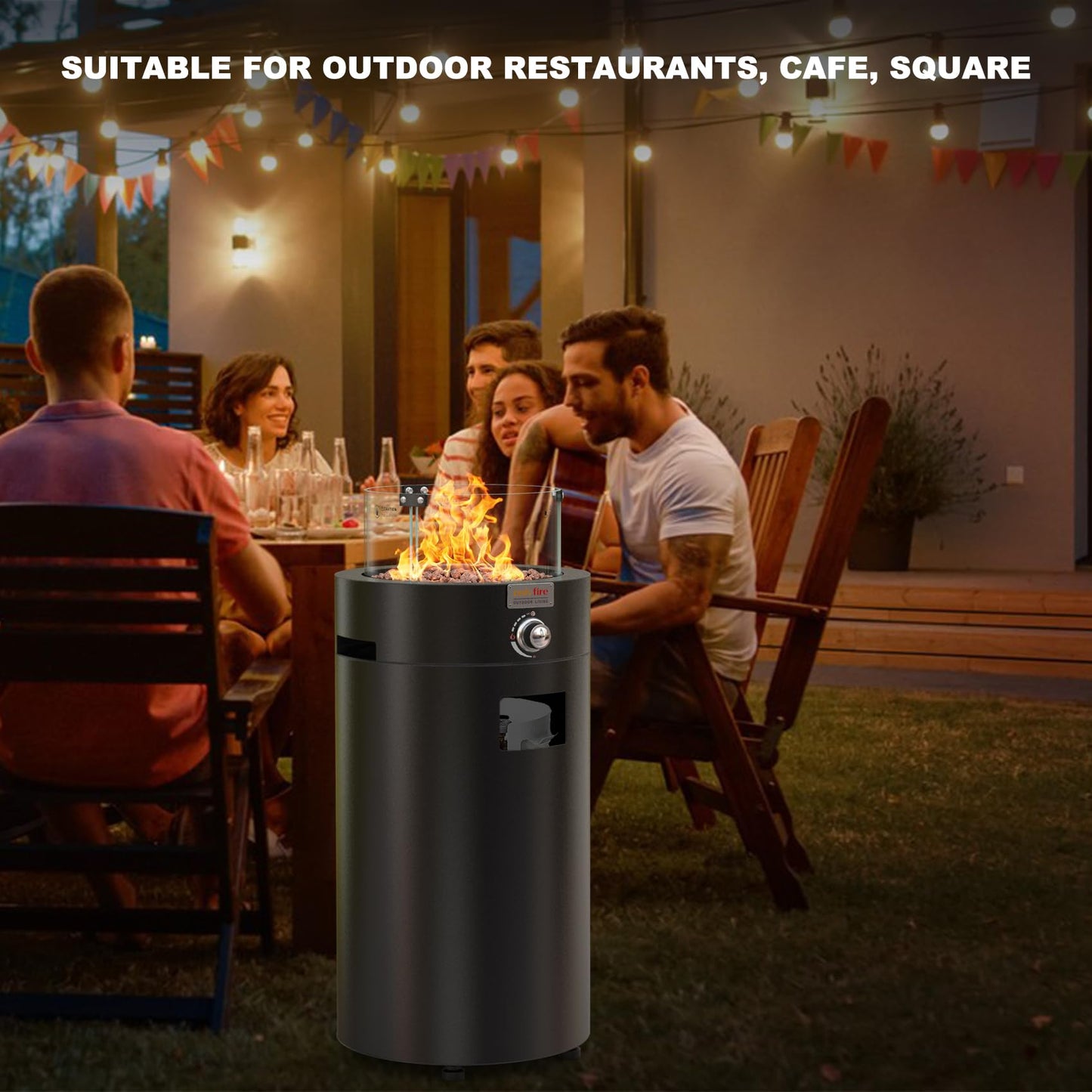 Onlyfire Fogata de Gas Redonda 6,85 kW con Rocas de Lava, Protector de Vidrio y Ruedas