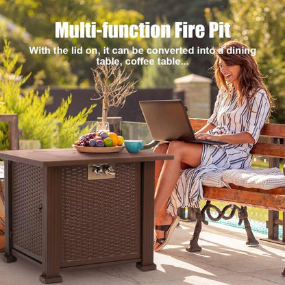 Mesa de Fuego Exterior a Gas Propano 28", 50000 BTU, Cuadrada, con Tapa y Cristales Azules