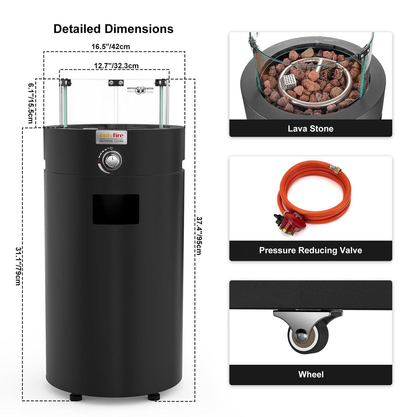 Onlyfire Fogata de Gas Redonda 6,85 kW con Rocas de Lava, Protector de Vidrio y Ruedas