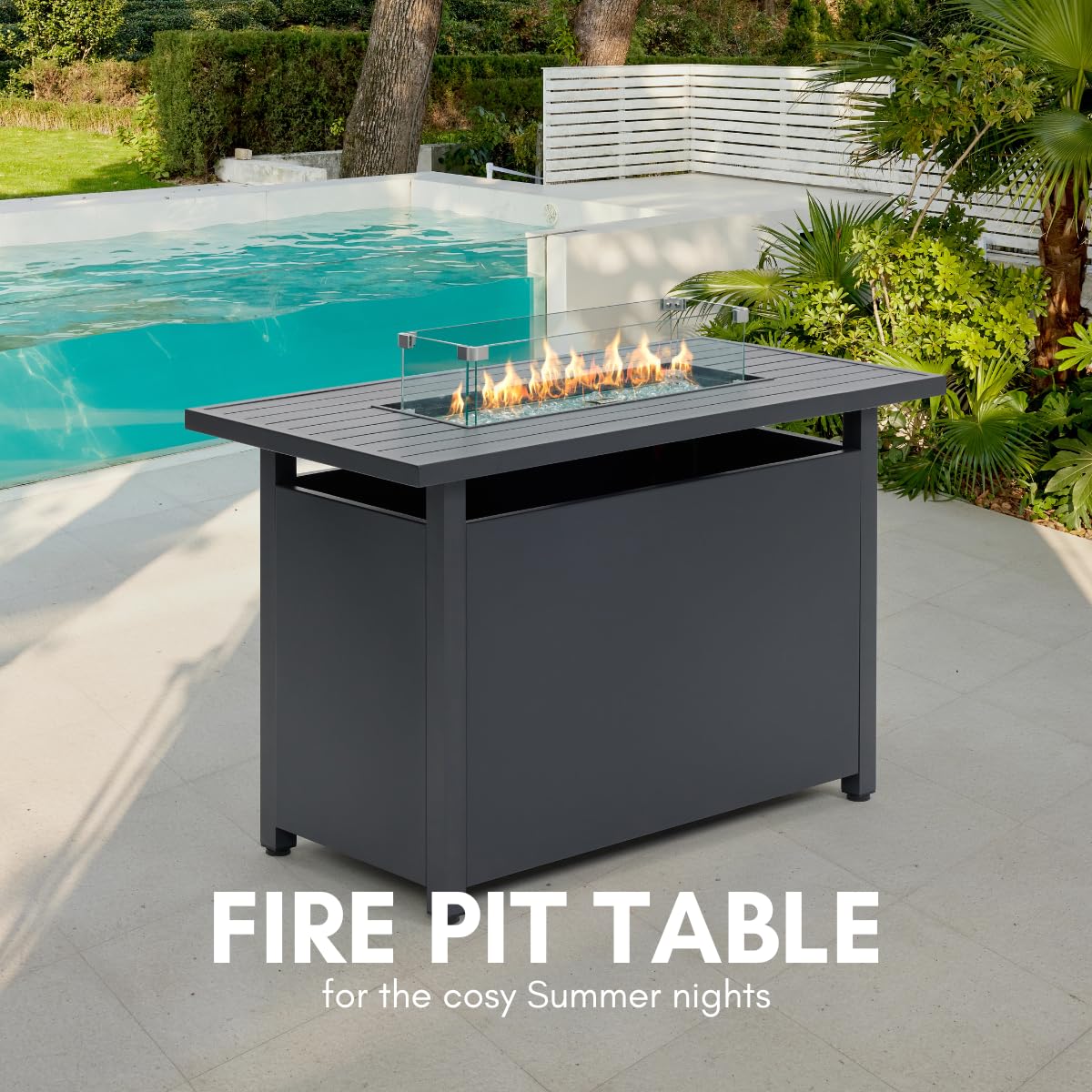 Mesa de Fuego Exterior con Piedras Volcánicas, Protector de Vidrio y Cubierta, Gris