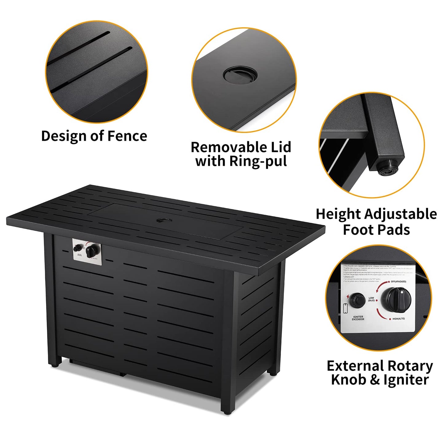 Ciays Brasero de Gas Propano 71 cm, 50000 BTU, Encendido por Pulso, Negro