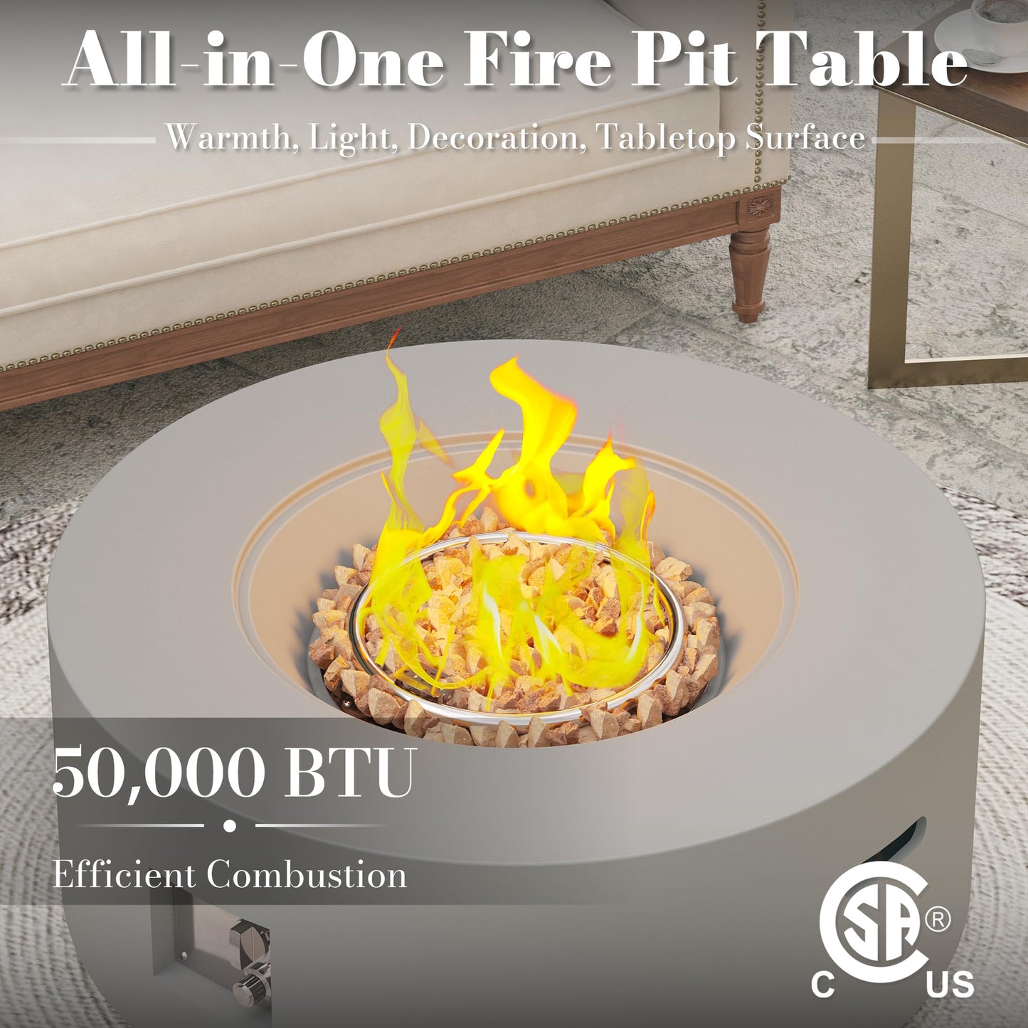 HongTaok Mesa de Fuego Propano 82,6 cm, 50000 BTU, CSA, Tapa, Cubierta y Rocas de Lava