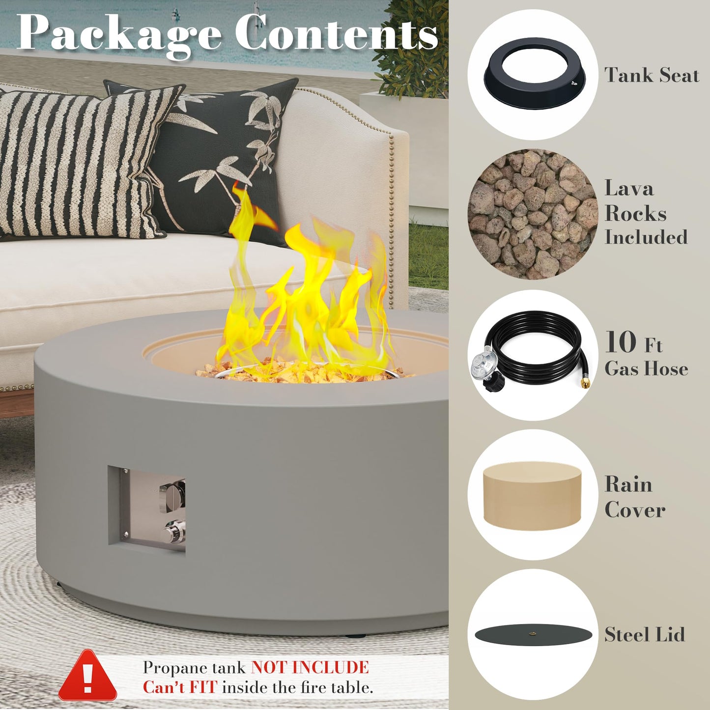 HongTaok Mesa de Fuego Propano 82,6 cm, 50000 BTU, CSA, Tapa, Cubierta y Rocas de Lava